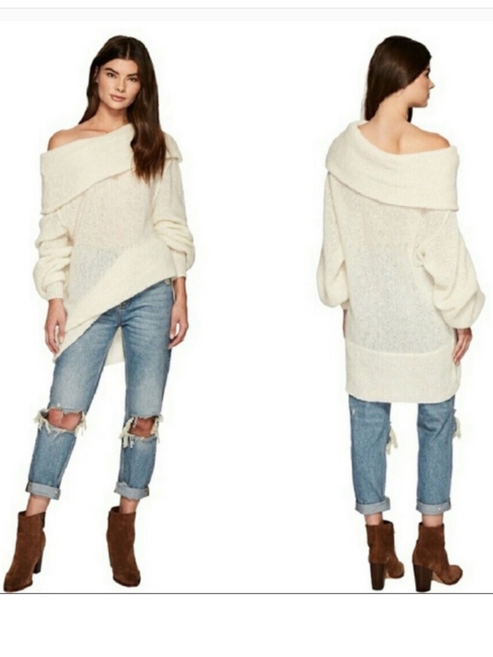 Free People Cream Ophelia Off-the-Shoulder Cowl Neck Sweater